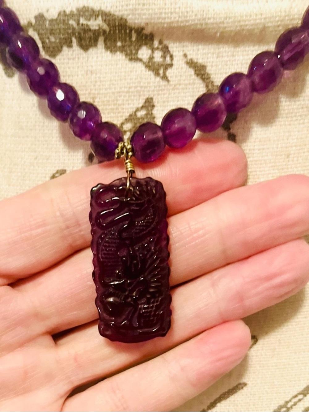 Vintage Chinese Amethyst Dragon Pendant Necklace 14K Gold 1970s